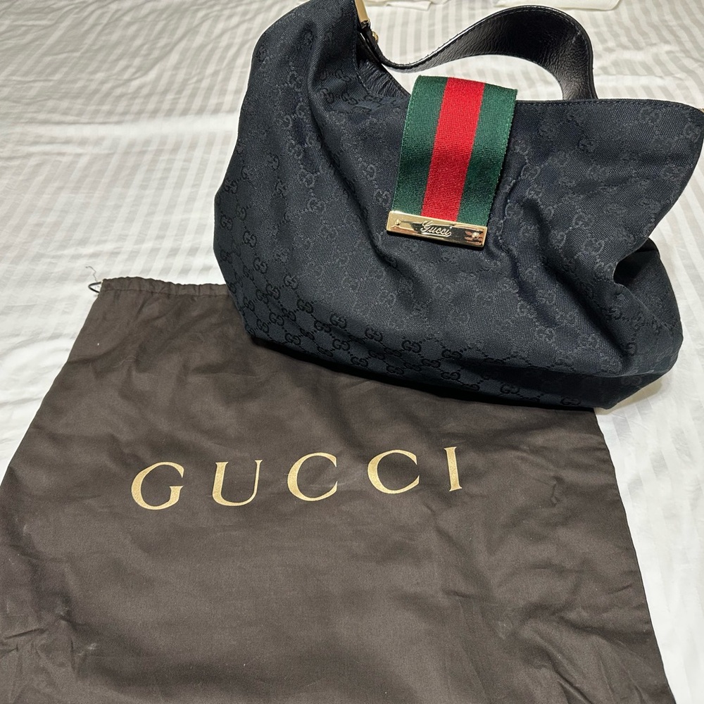 Gucci Black and Red Hobo Bag with Iconic Stripe